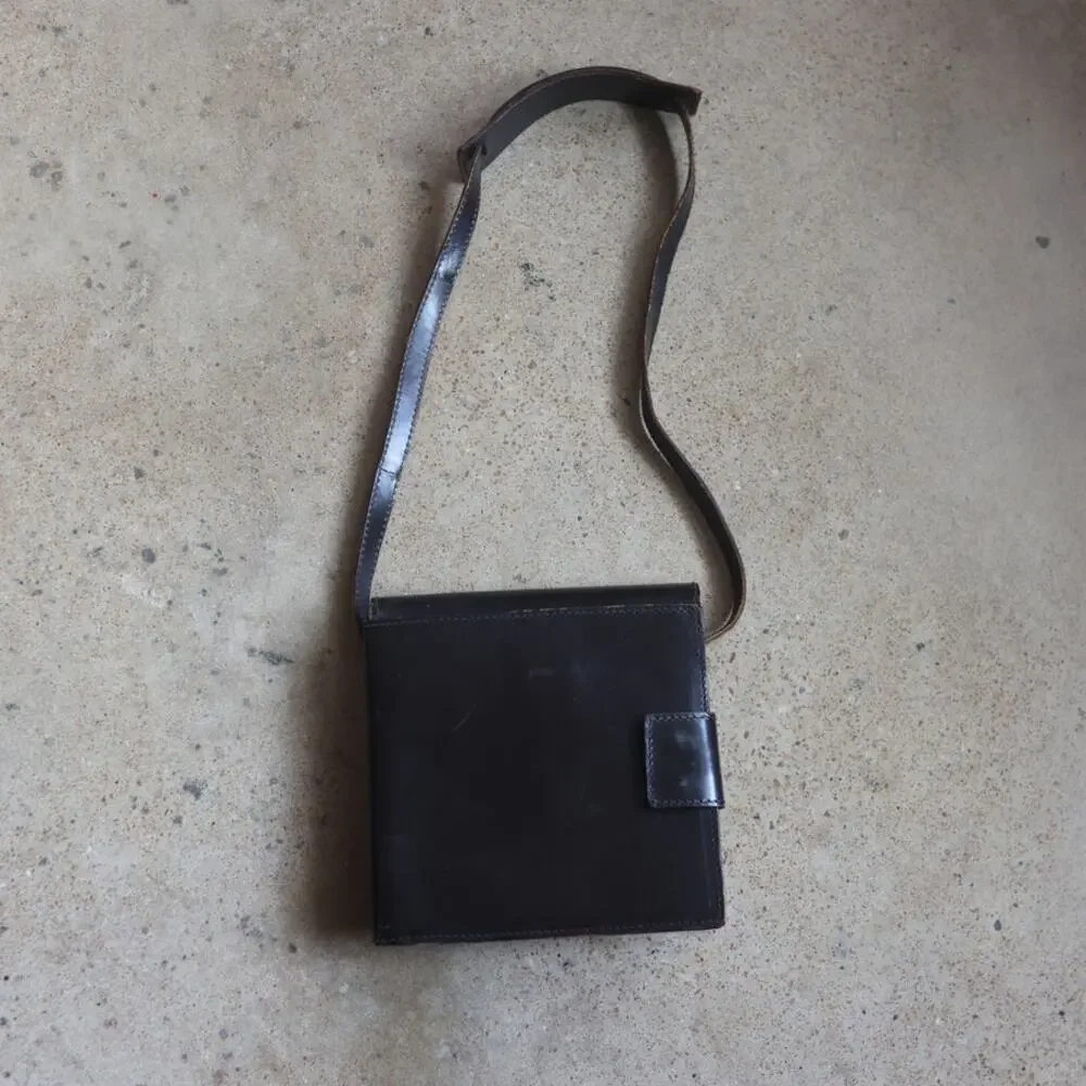 Vintage Genuine Leather Black Shoulder Bag Brass Lock Minimalist 70s
